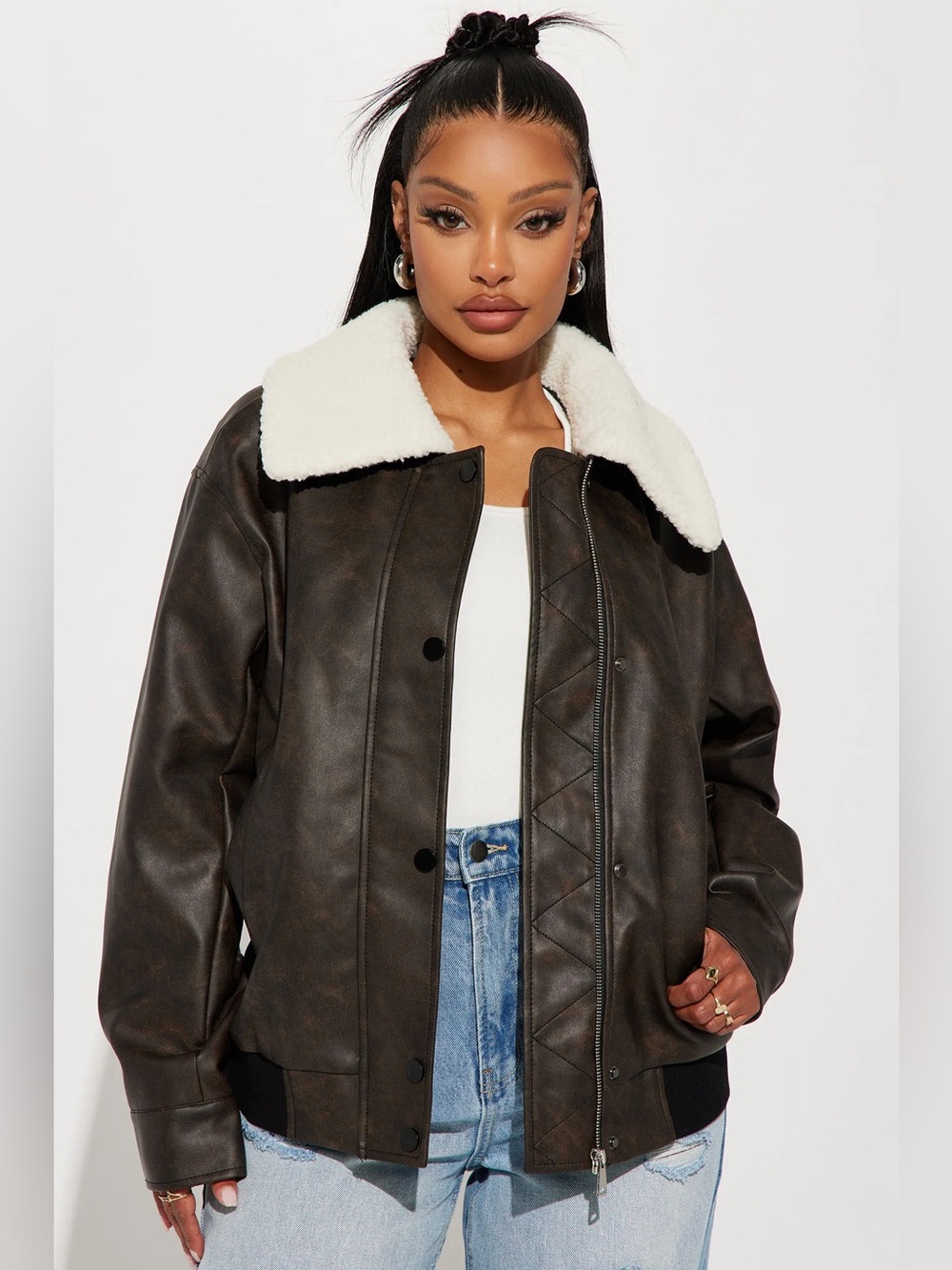 Deena Bomber Jacket - Brown | Faux Sherpa Collar
